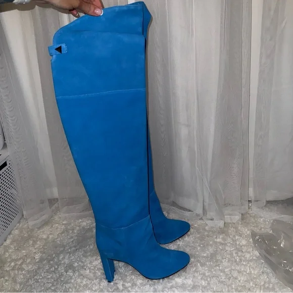 SCHUTZ Electric Blue Suede Over-the-Knee High Heel Boots - Picture 2 of 9